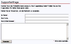 Beispiel: Nutzung des vordefinierten Kontaktformulars als Supportanfrage. Klicken Sie hier, um das Originalformular zu sehen.
